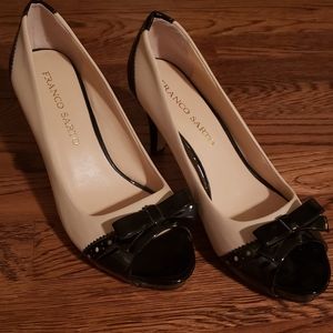Franco Sarto black and cream peep toe heels,SZ 7.5